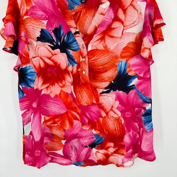 Tacera blouse Womens size  XL Red Pink floral Short Sleeve v neck flutter - Picture 3 of 9